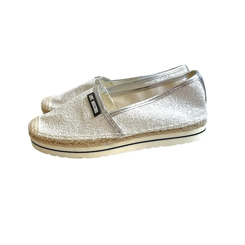 Love Moschino White Glitter Espadrille Platform Slip On Loafers Silver Women’s 6
